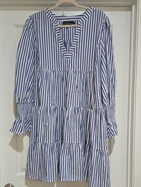 Pomander Place Blue and White Striped Tiered Tunic Dress Size XXL 100% Cotton